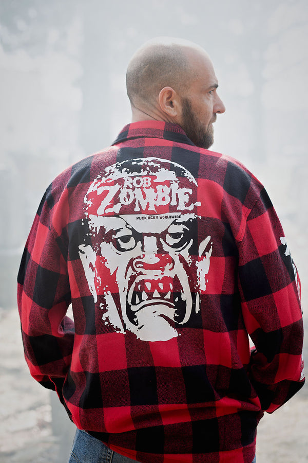 ROB ZOMBIE 'SKATERBEAST' hockey flannel in red plaid back view on model