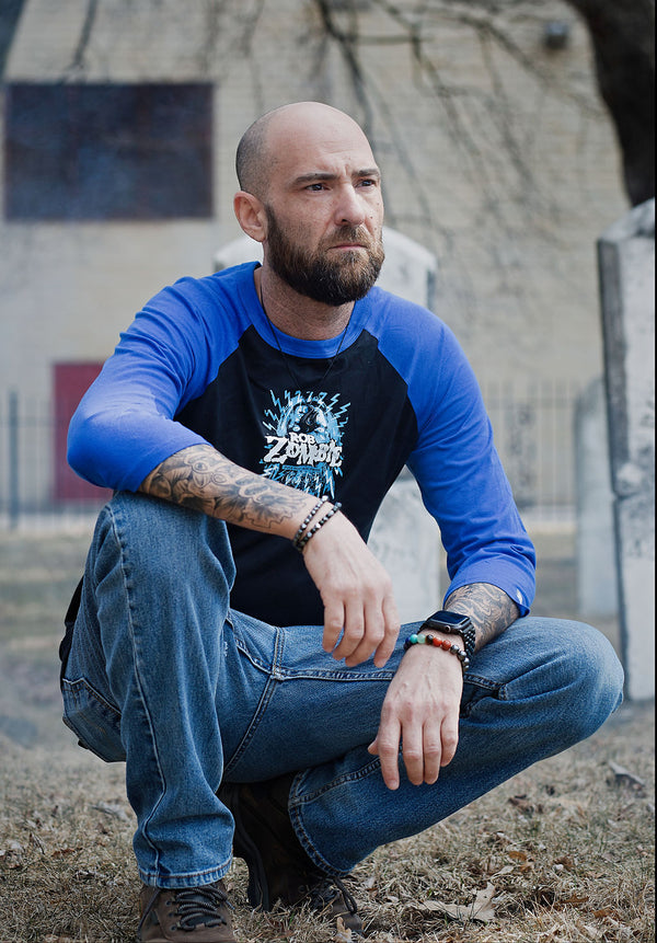 ROB ZOMBIE 'SKATANIC' hockey raglan t-shirt in grey with black sleeves front view on model