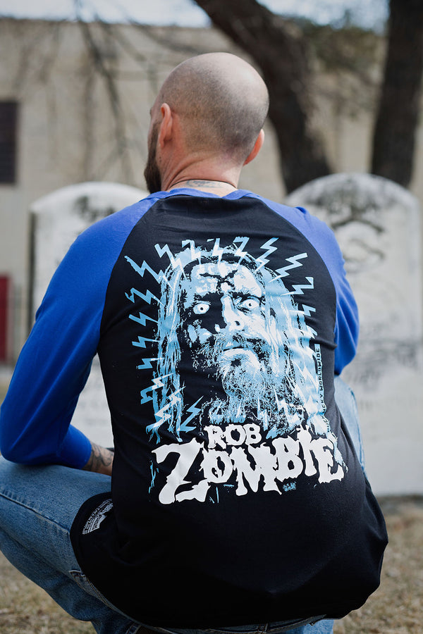 ROB ZOMBIE 'SKATANIC' hockey raglan t-shirt in grey with black sleeves back view on model