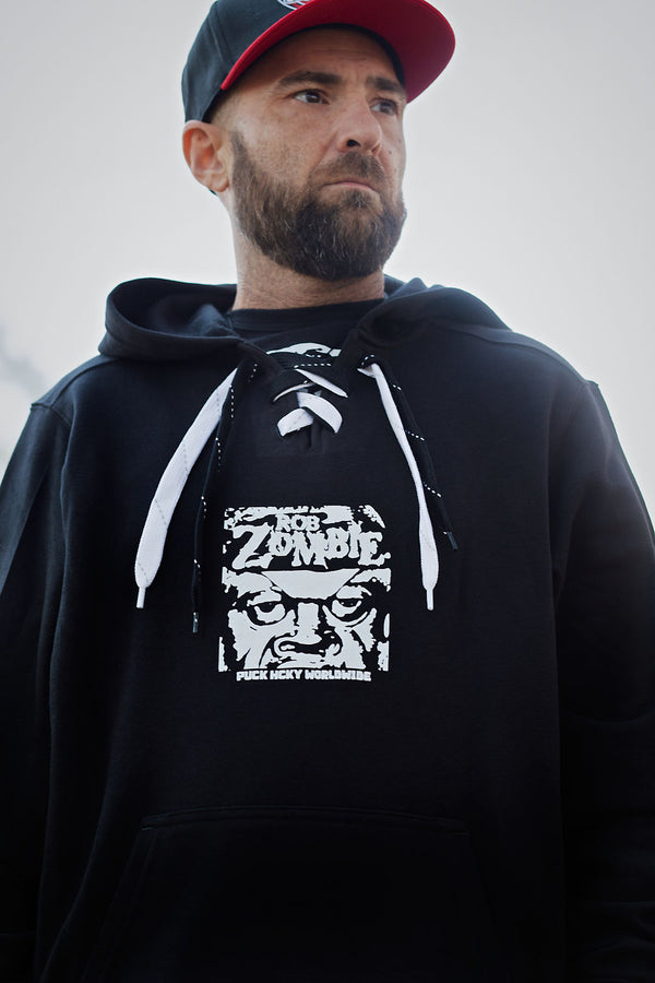 ROB ZOMBIE 'SKATERBEAST' laced pullover hockey hoodie in black with laces in black and white front view on model