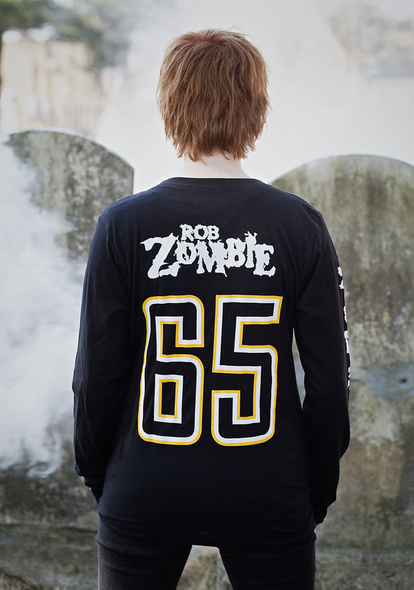 ROB ZOMBIE 'MARS NEEDS HCKY' long sleeve hockey t-shirt in black back view on model