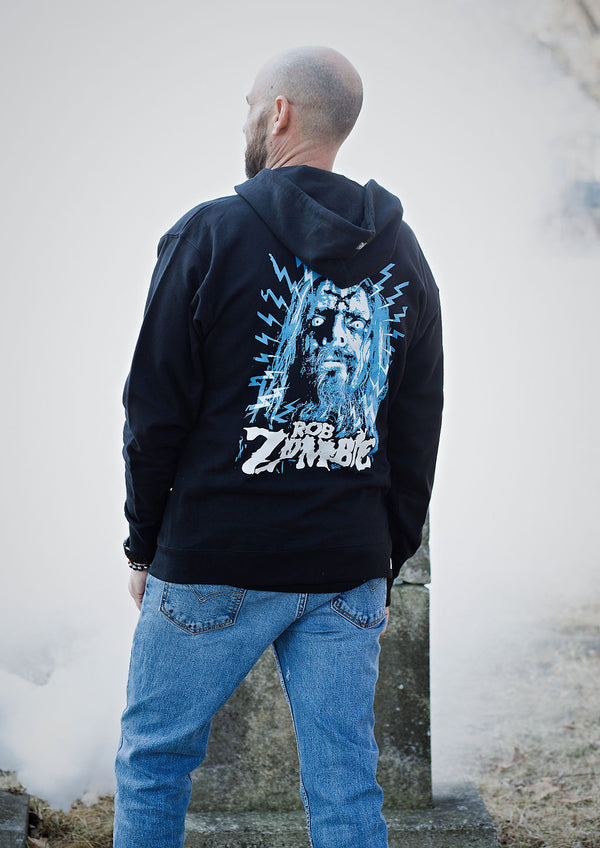 ROB ZOMBIE 'SKATANIC' full zip hockey hoodie in black back view on model