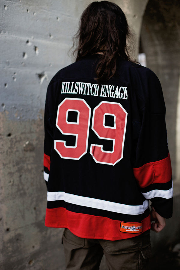 KILLSWITCH ENGAGE 'UNLEASHED' deluxe hockey jersey in black, white, and red KILLSWITCH ENGAGE 'UNLEASHED' deluxe hockey jersey in black, white, and red back view on model