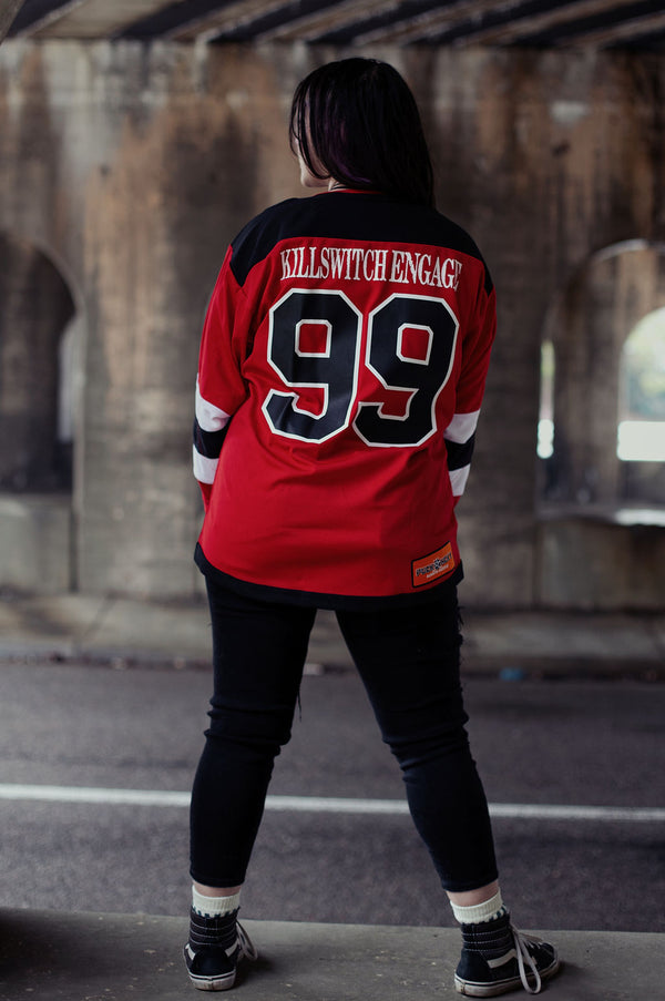 KILLSWITCH ENGAGE 'UNLEASHED' deluxe hockey jersey in red, black, and white back view on model