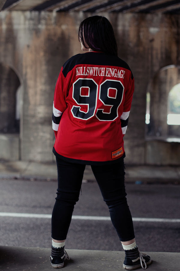 KILLSWITCH ENGAGE 'UNLEASHED' deluxe hockey jersey in red, black, and white back view on model