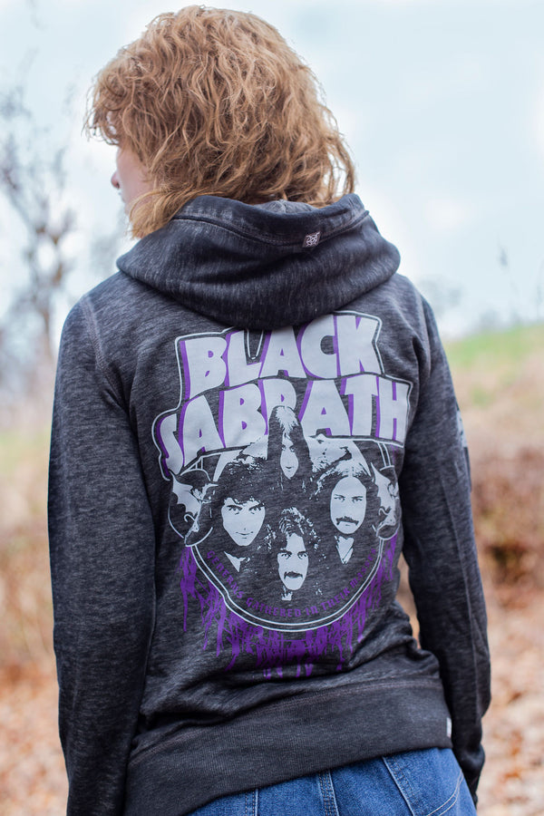 BLACK SABBATH ‘CHILDREN OF THE RINK’ women's full zip hockey hoodie in acid black back view on model