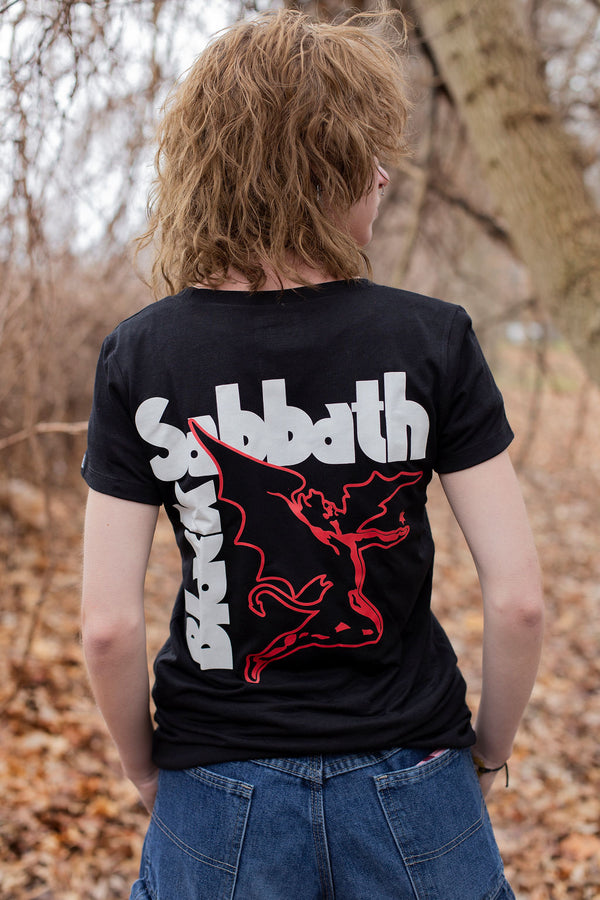 BLACK SABBATH 'IRON MAN' women's short sleeve hockey t-shirt back view on model
