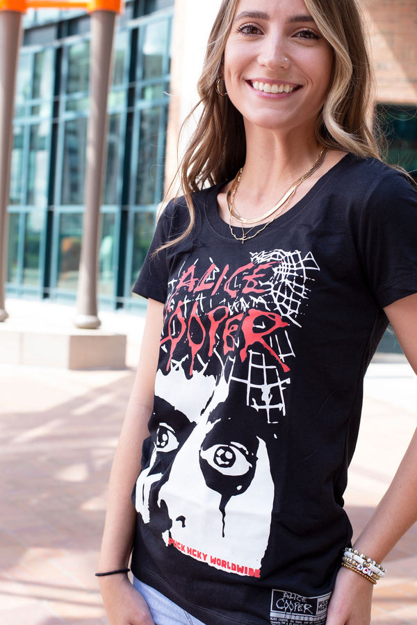 ALICE COOPER ‘THE SPIDERS’ women's short sleeve hockey t-shirt front view on model