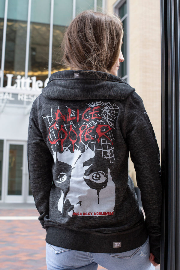 ALICE COOPER ‘THE SPIDERS’ women's full zip hockey hoodie in acid black back view on model