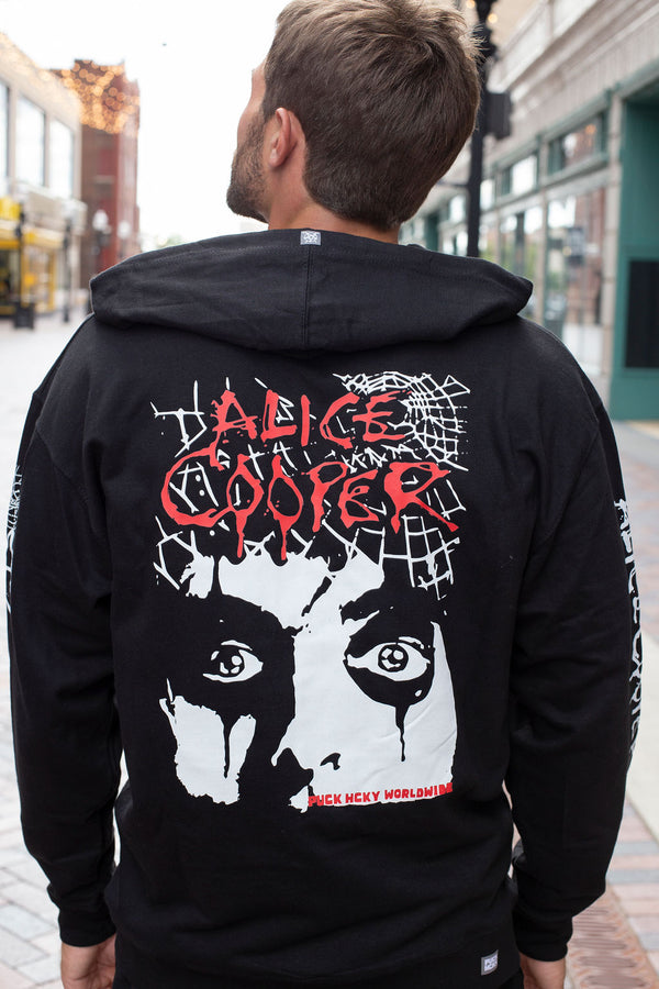 ALICE COOPER ‘THE SPIDERS’ full zip hockey hoodie in black back view on model