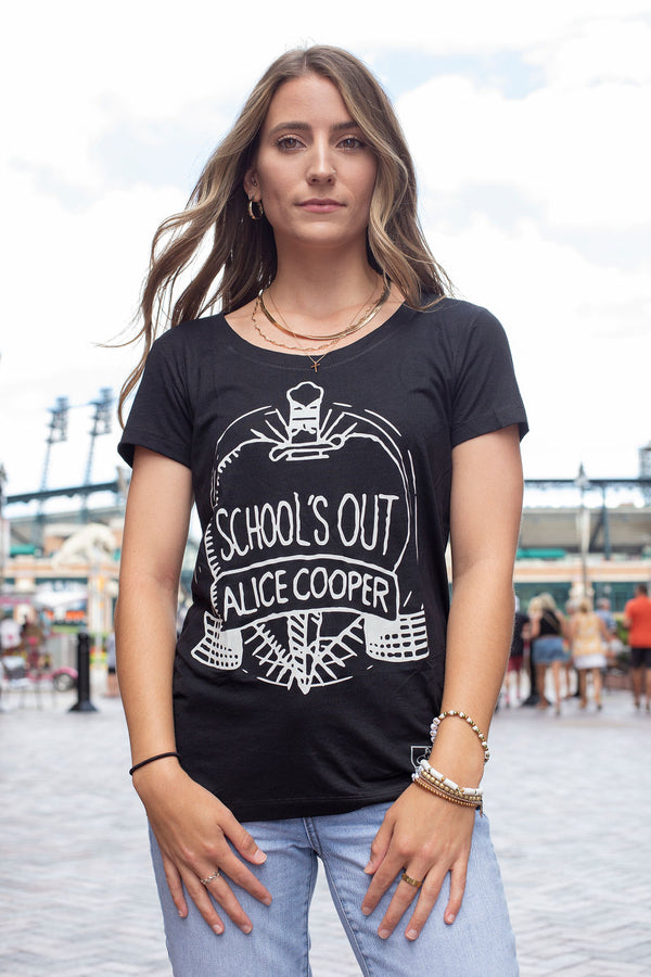 ALICE COOPER ‘SCHOOLS OUT’ women's short sleeve hockey t-shirt front view on model