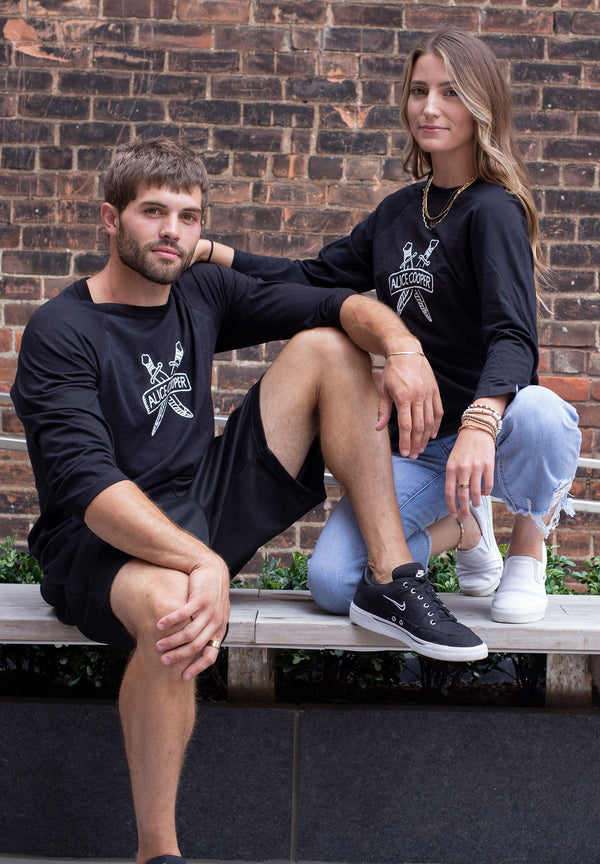 ALICE COOPER ‘SCHOOLS OUT’ hockey raglan t-shirt in graphite heather with black sleeves front view on model