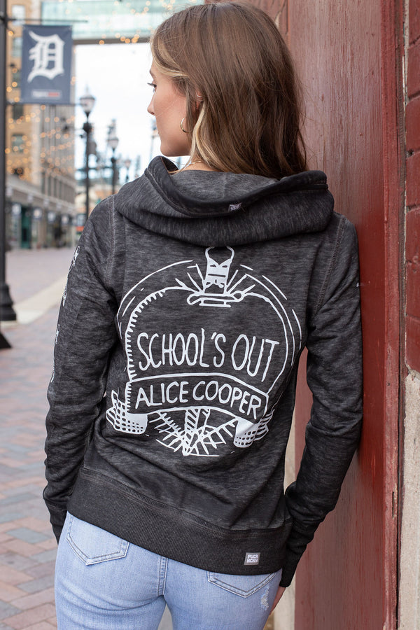 ALICE COOPER ‘SCHOOLS OUT’ women's full zip hockey hoodie in acid black back view on model