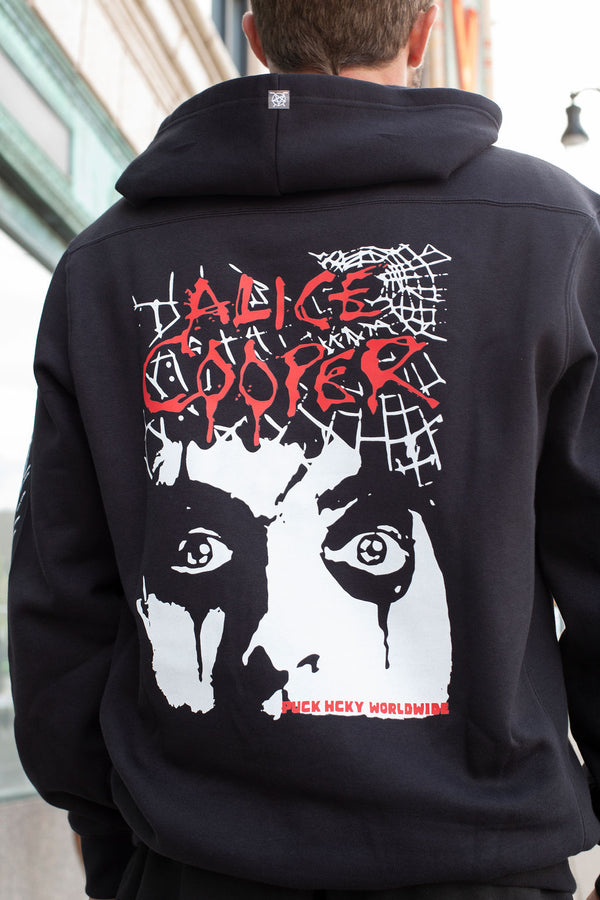 ALICE COOPER ‘THE SPIDERS’ laced pullover hockey hoodie in black with red and white laces back view on model