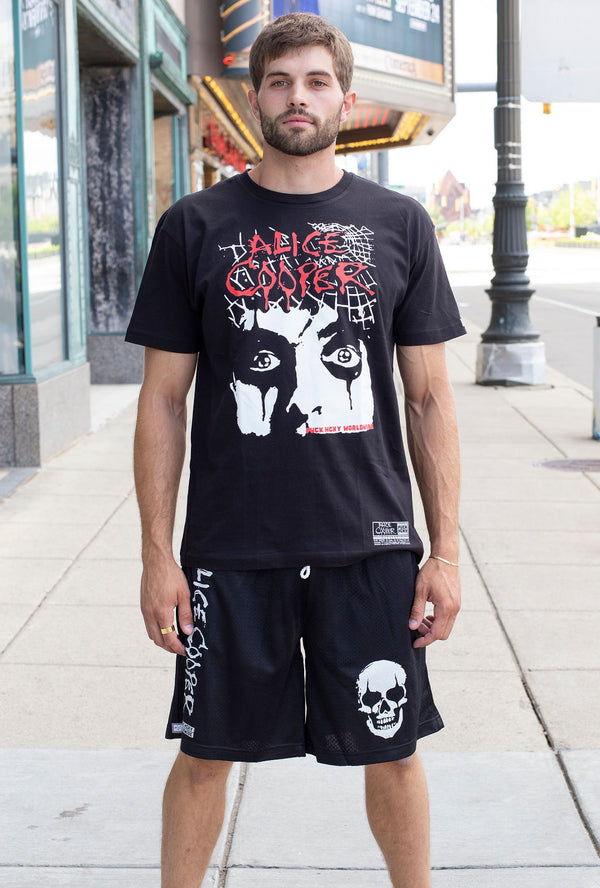 ALICE COOPER 'CLASSIC' mesh hockey shorts in black front view on model