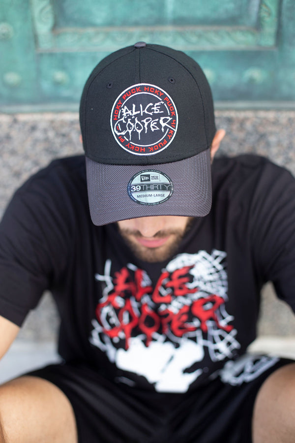 ALICE COOPER 'CLASSIC' stretch fit hockey cap in in black with charcoal brim front view on model