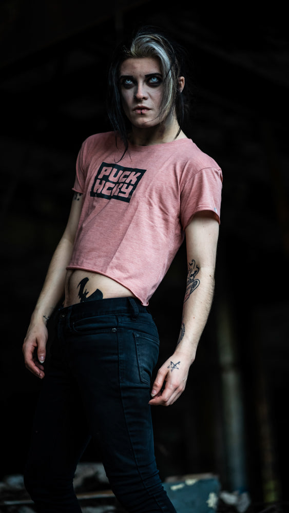 PUCK HCKY 'BOX' women's hockey crop top in pink front view on model