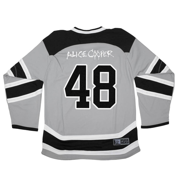 ALICE COOPER 'CLASSIC' deluxe hockey jersey in grey, black, and white back view