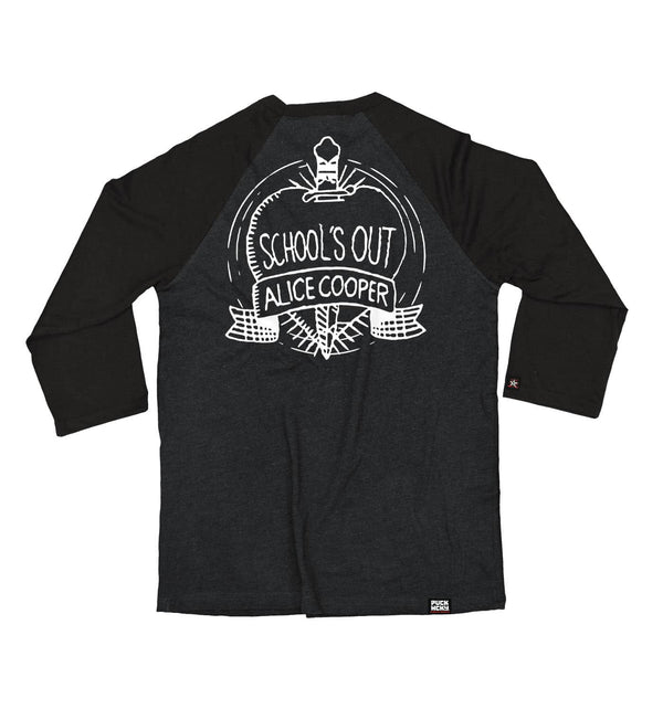 ALICE COOPER ‘SCHOOLS OUT’  hockey raglan t-shirt in graphite heather with black sleeves back view