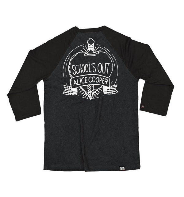 ALICE COOPER ‘SCHOOLS OUT’ hockey raglan t-shirt in graphite heather with black sleeves back view