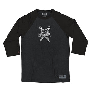 ALICE COOPER ‘SCHOOLS OUT’  hockey raglan t-shirt in graphite heather with black sleeves front view