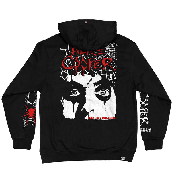 ALICE COOPER ‘THE SPIDERS’ laced pullover hockey hoodie in black with red and white laces back view