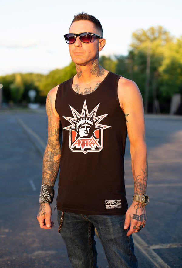ANTHRAX 'LADY OF THRASH' hockey tank top in black on male model