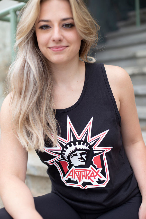 ANTHRAX 'LADY OF THRASH' hockey tank top in black on female model