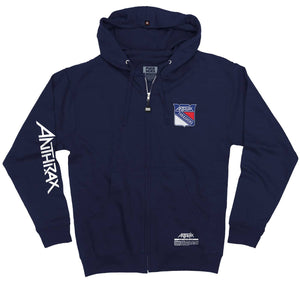 ANTHRAX 'METAL THRASHING MAD' full zip hockey hoodie in navy front view