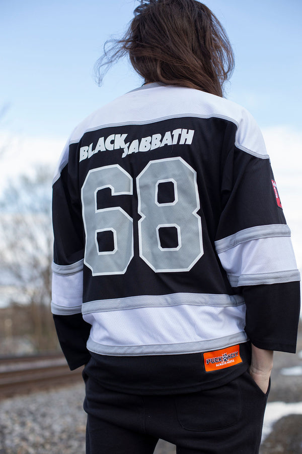 BLACK SABBATH ‘CHILDREN OF THE RINK’ hockey jersey in black, white, and grey back view on model