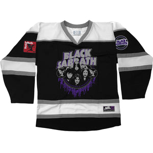 BLACK SABBATH ‘CHILDREN OF THE RINK’ hockey jersey in black, white, and grey front view