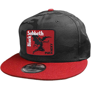 BLACK SABBATH ‘IRON MAN’ snapback hockey cap in black camo with red brim front view