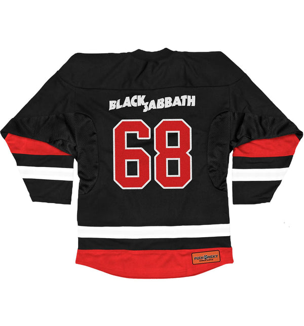 BLACK SABBATH ‘IRON MAN’ deluxe hockey jersey in black, white, and red back view