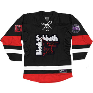 BLACK SABBATH ‘IRON MAN’ deluxe hockey jersey in black, white, and red front view