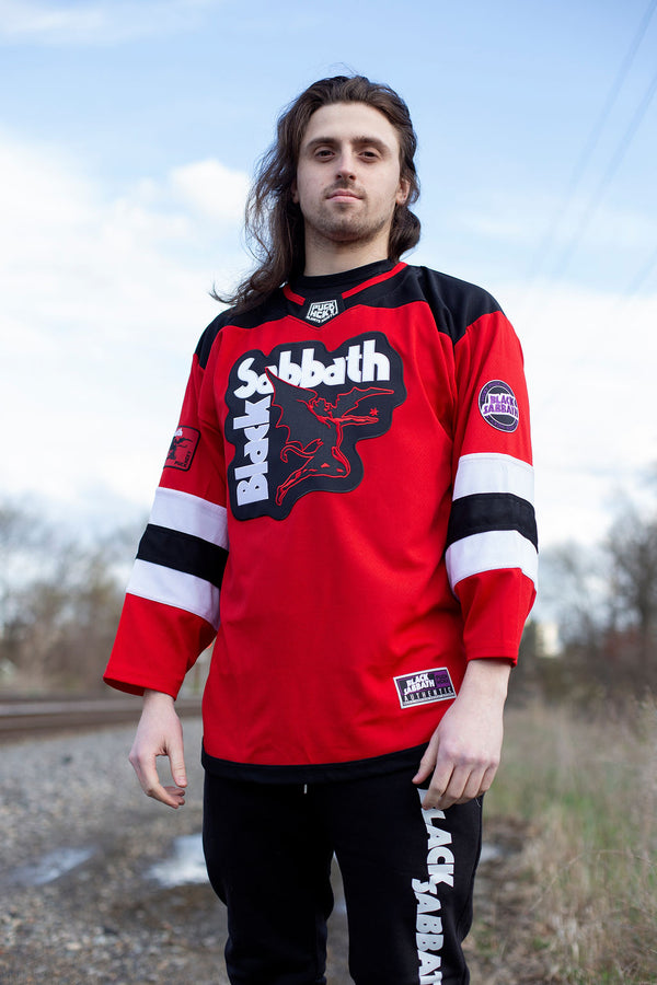 BLACK SABBATH ‘IRON MAN’ deluxe hockey jersey in red, black, and white front view on model