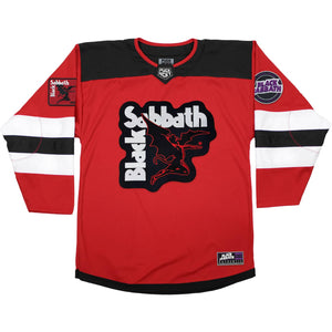 BLACK SABBATH ‘IRON MAN’ deluxe hockey jersey in red, black, and white front view