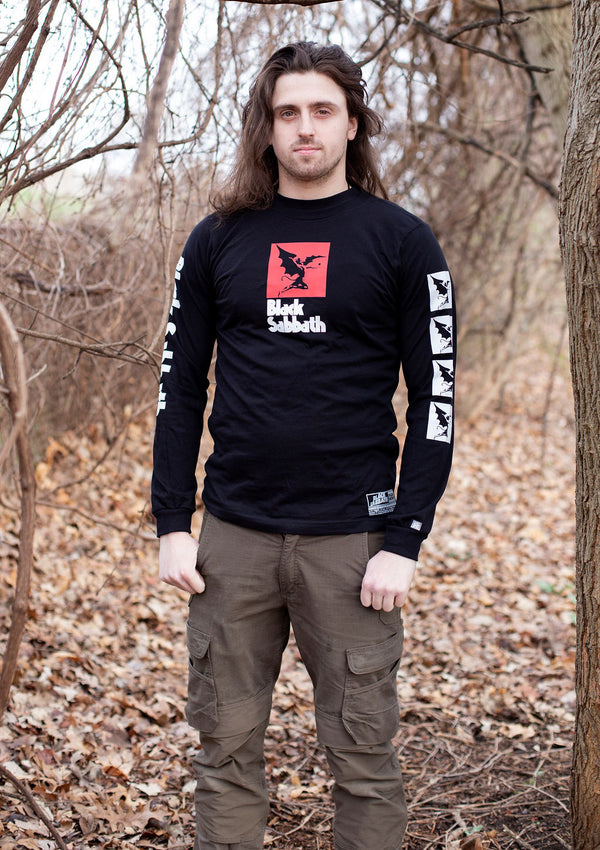 BLACK SABBATH 'IRON MAN' long sleeve hockey t-shirt in black front view on model