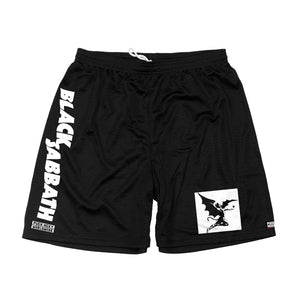 BLACK SABBATH ‘IRON MAN’ mesh hockey shorts in black front view
