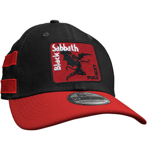 BLACK SABBATH ‘IRON MAN’ stretch fit hockey cap in black with red brim and stripes front view