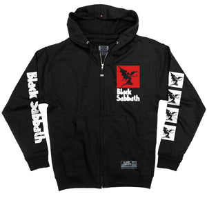BLACK SABBATH ‘IRON MAN’ full zip hockey hoodie in black front view