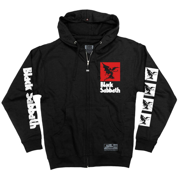 BLACK SABBATH ‘IRON MAN’ full zip hockey hoodie in black front view
