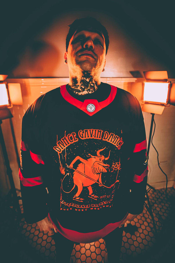 DANCE GAVIN DANCE ‘AFTERBURNER’ hockey jersey in black and red front view on model