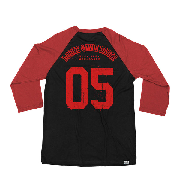 DANCE GAVIN DANCE ‘AFTERBURNER’ hockey raglan t-shirt in black with red sleeves back view