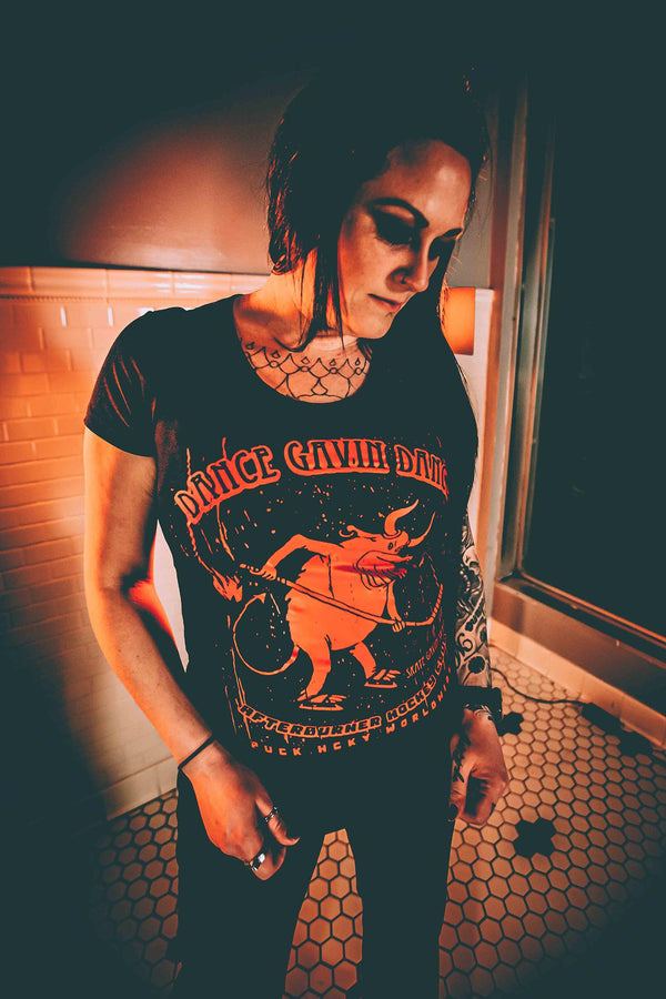 DANCE GAVIN DANCE ‘AFTERBURNER’ women's short sleeve hockey t-shirt in black front view on model