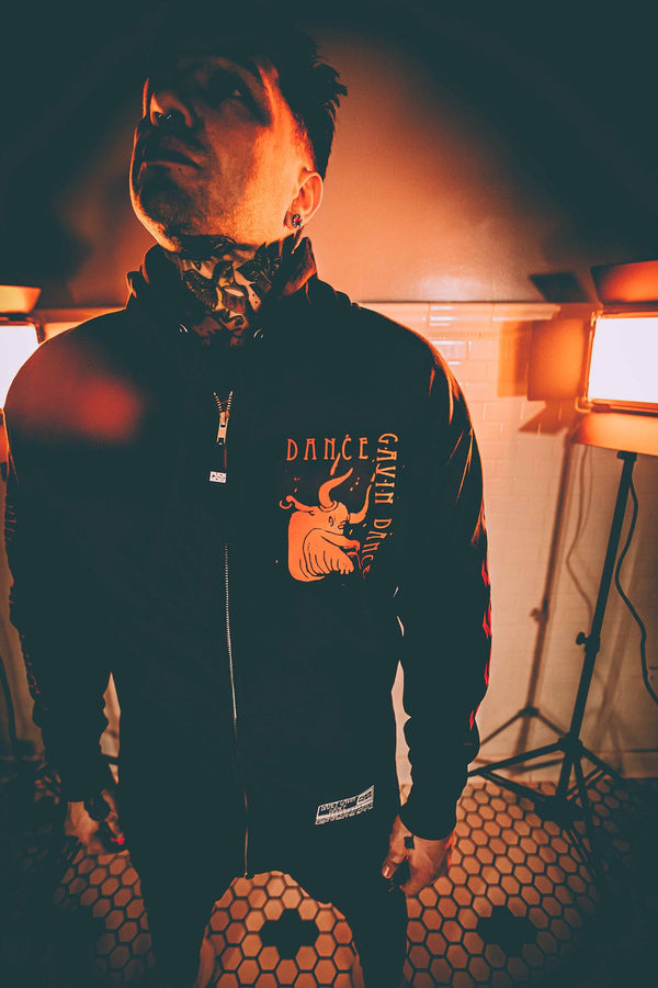 DANCE GAVIN DANCE ‘AFTERBURNER’ full zip hockey hoodie in black front view on model