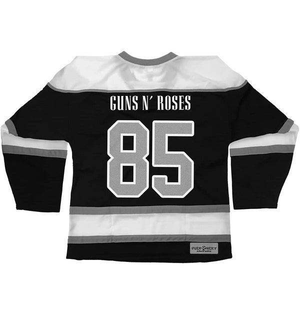 GUNS N' ROSES ‘WORLDWIDE’ hockey jersey in black, white, and grey back view