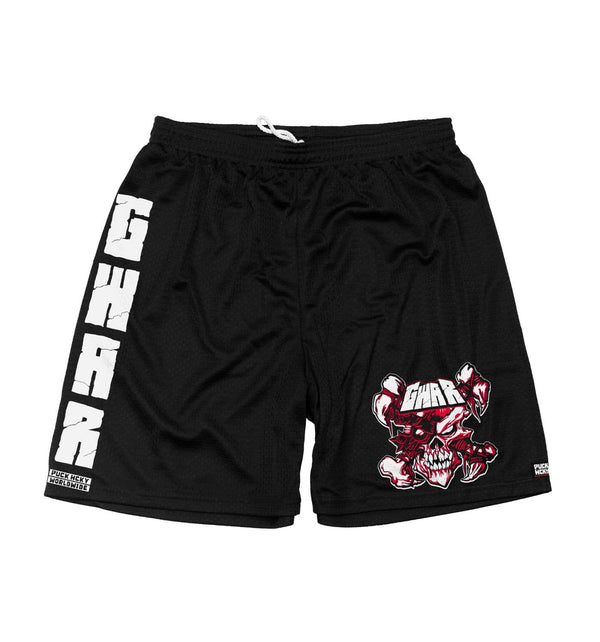 GWAR ‘CROSSBONES CROSSCHECK’ mesh hockey shorts in black