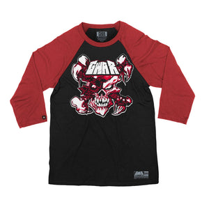 GWAR ‘CROSSBONES CROSSCHECK’ hockey raglan t-shirt in black with red sleeves front view