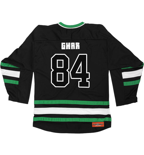 GWAR 'THE BONESNAPPER' deluxe hockey jersey in black, kelly green, and white back view