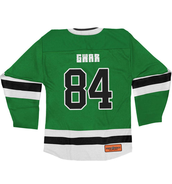 GWAR 'THE BONESNAPPER' deluxe hockey jersey in kelly green, white, and black back view